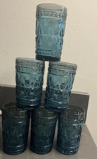 Set of 5 + 1 Indiana Glass Colony Park Lane Juice Glasses Tumbler Teal Blue 4”