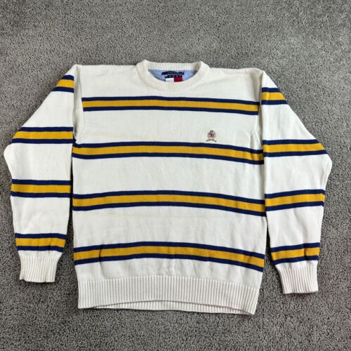 VTG Tommy Hilfiger Sweater Mens L White Blue Yellow Striped Lion Crest Crewneck