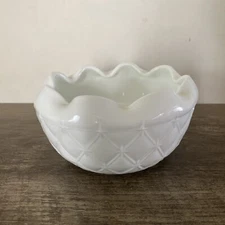 White milk glass round ruffled bowl diamond pattern