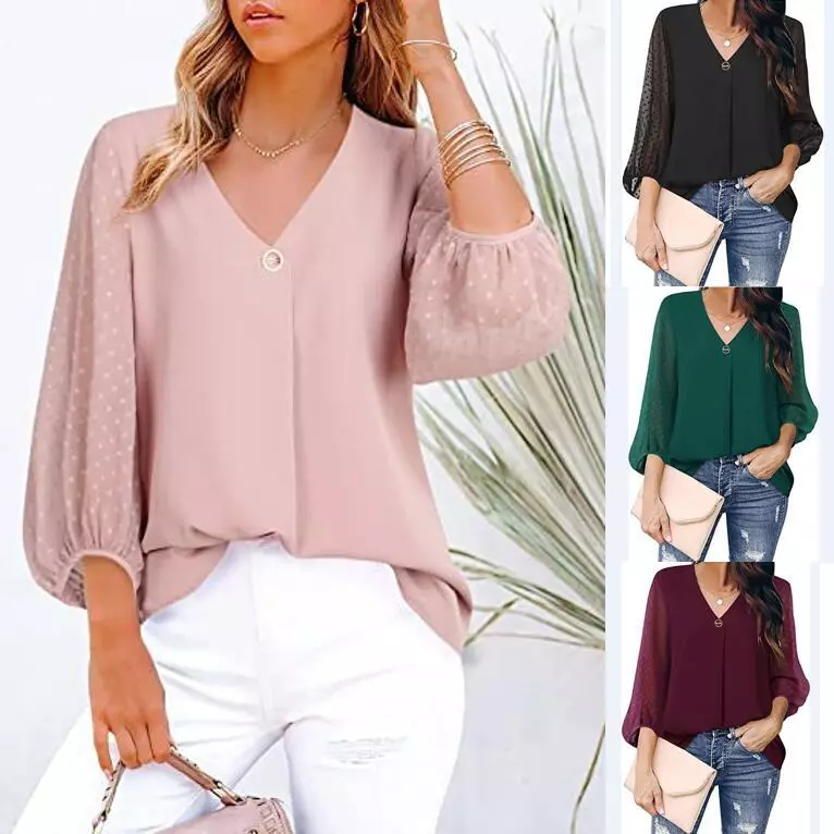 Cozirly Womens Tops Hollow out Vneck 3/4 Sleeve Shirt Half Sleeve Loose Fit  Blouse Womens Fashion Vintage Loose Casual Blouse at  Women's  Clothing store