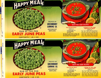 TWO HAPPY MEAL ORIGINAL 1950s CAN LABELS, MCDONALD'S HAPPY MEAL COLLECTOR ADD-ON