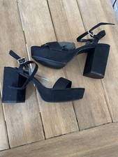 Mango Black Platform Block Heel. Suede Sandal. US Size 7