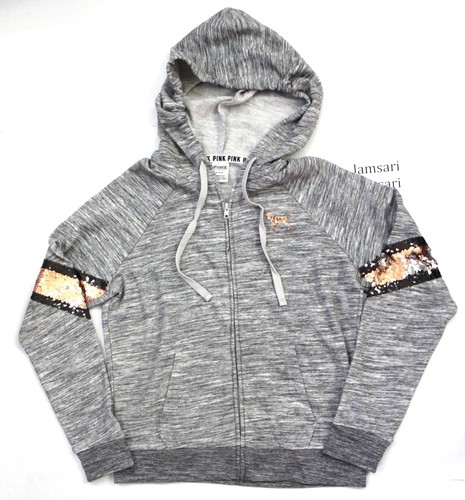 Victoria's Secret ROSA Lentejuelas Bling Perfecto Cremallera Completa Sudadera con Capucha Chaqueta Gris Talla XS - Imagen 3 de 6
