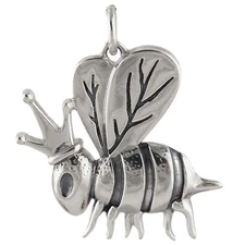 Queen Bee Charm - 925 Sterling Silver - Crown Wings Honey Hive Royal Pendant NEW