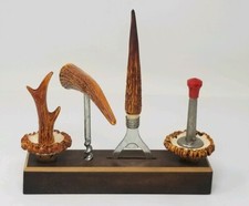 Vintage Resin Stag Horn Barware Set - Wood Stand