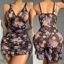 Sexy Women Lingerie Mini Dress Teddy Babydoll Nightgown Sleepdress Black Floral