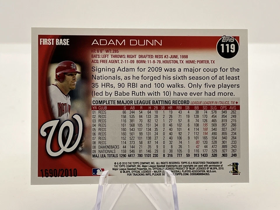 2010 Topps Opening Day Adam Dunn #119 Blue Parallel 1690/2010 Nationals - Image 2 of 2