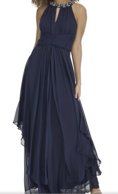 DressBarn Version of ELIZA J Embellished Tiered Chiffon Halter Dress Gown  Navy 8 | eBay