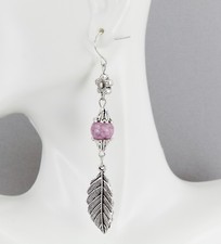 Silver feather earrings dangle metal leaf feather lightweight 3 5/16" long Pink