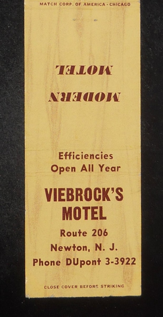 1950s Viebrock&rsquo;s Motel Route 206 Newton NJ Sussex Co Matchbook New 