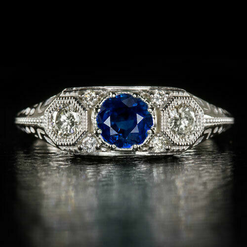 Vintage Art Deco Lab Created Royal Blue Sapphire Wedding Ring 14k White Gold - Picture 4 of 4