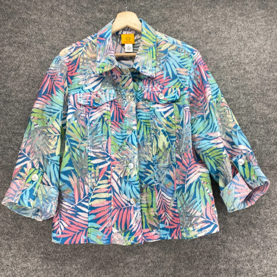 Ruby Rd. Jacket Women 16 Blue Floral Button Up Linen Collared Long Sleeve Casual - Image 4 of 4