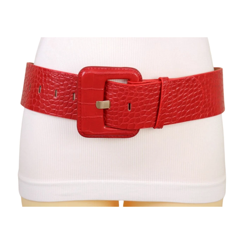 Mujeres Rojo Ancho Imitación Cuero Cintura Día Noche Ropa Cinturón Hebilla Cuadrada Talla S M Foto 4 de 4