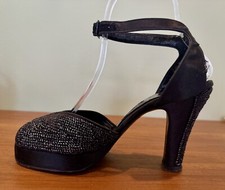 Vtg 40s Sz 6 Platform Peep Toe Dress Shoes Metallic Black 70s Disco Rockabilly