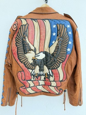 Vintage BAJA Leather Jacket Eagle USA Flag Western Southwestern Biker M