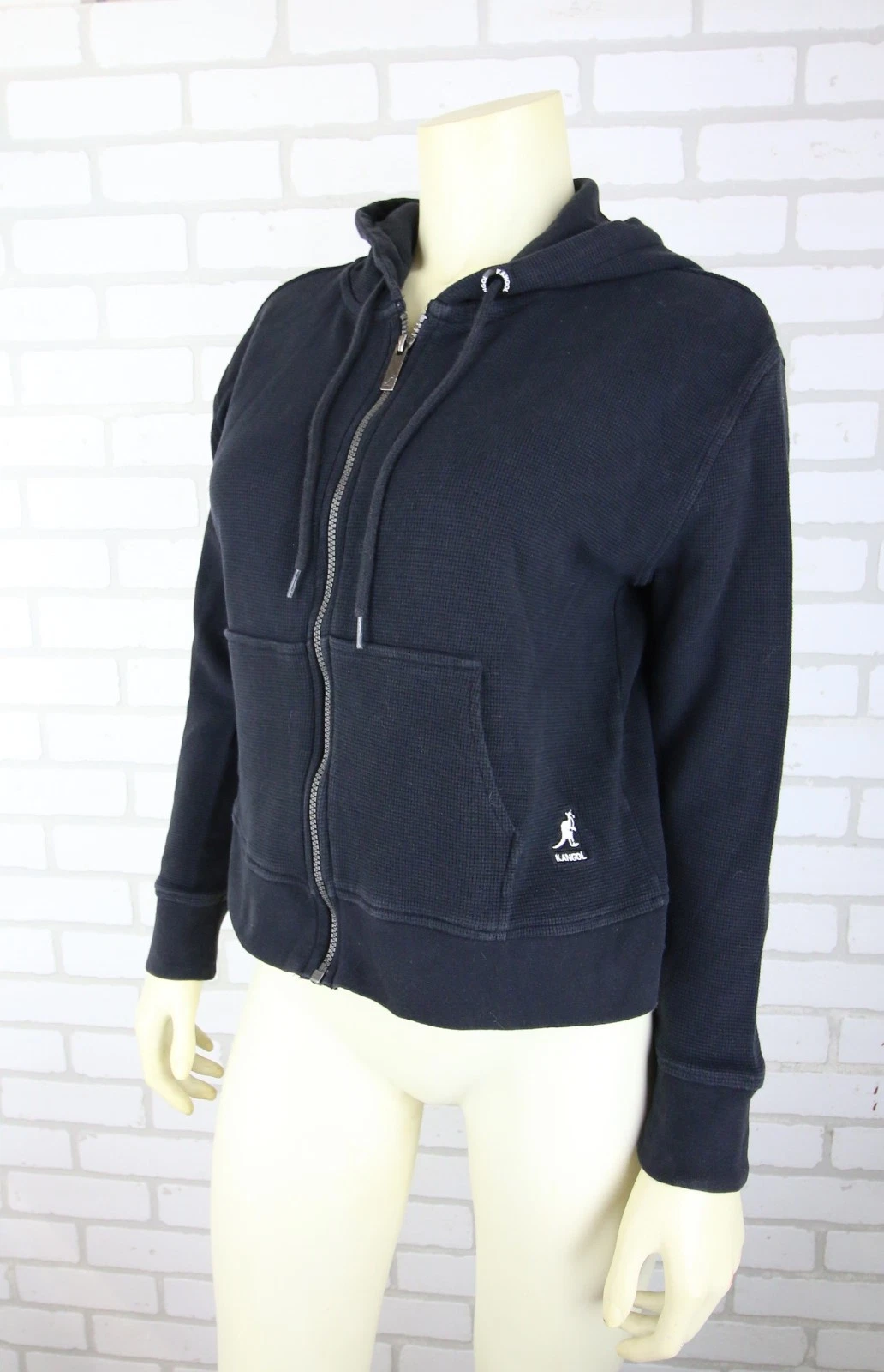 Kangol Waffle Thermal Knit Full Zip Hoodie Sweatshirt Womens L Black Cropped