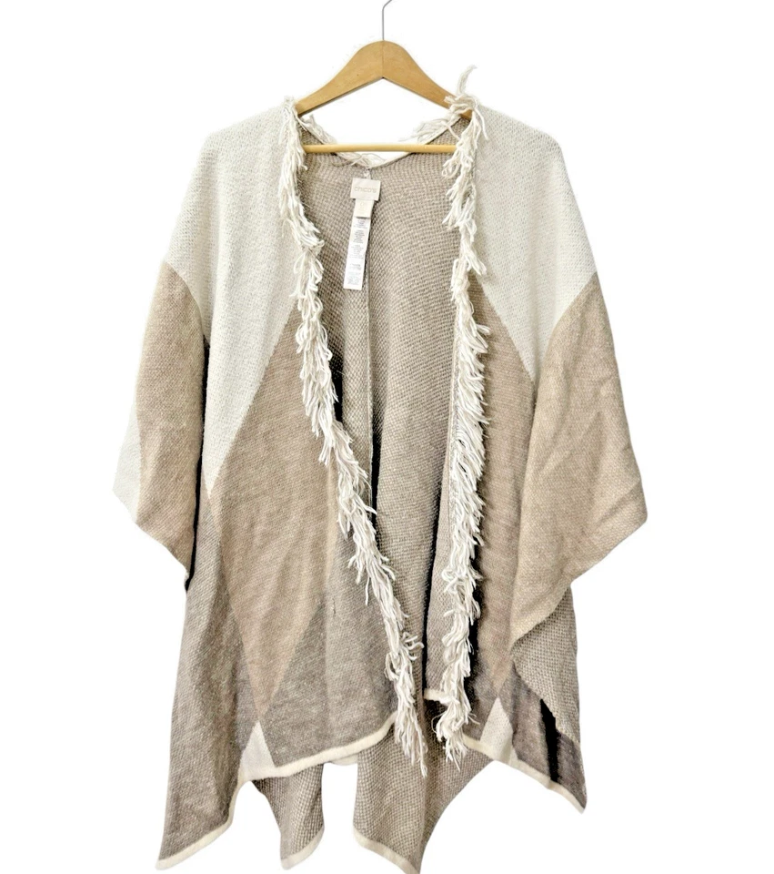 Chico's Mujer TALLA ÚNICA USADO Tostado/Beige Mantón/Envoltura Bufanda Poncho Abierto Flecos Foto 2 de 4