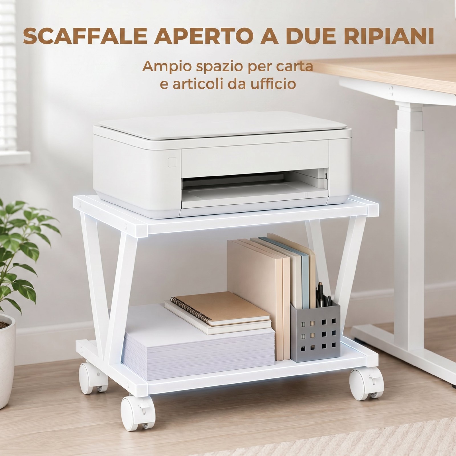 HOMCOM Supporto Stampante con 2 Ripiani e Ruote, Sotto Scrivania, Bianco foto 5