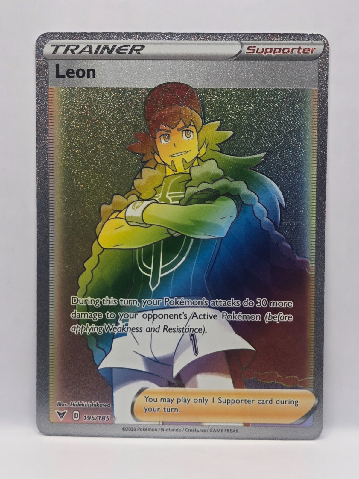 Leon 195/185 Secret Rare Rainbow Trainer Pokemon TCG NM