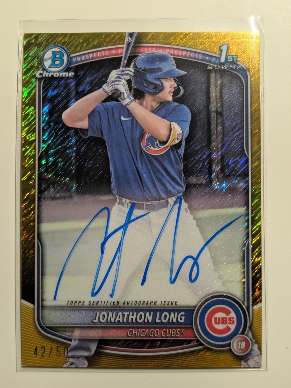 Jonathon Long 2025 Bowman Chrome 1st Bowman Gold Shimmer Auto /50 Cubs