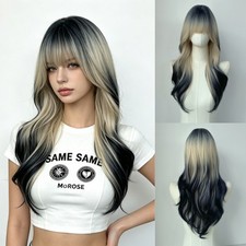 Women Full Bangs Black Ash Blonde Ombre Long Body Wave Wig Layered Fluffy Party