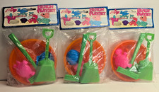 NEW VINTAGE LIDO 3 Piece BEACH Playset SIFTER SHOVEL RAKE ORANGE PINK  GREEN