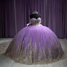 Glittering Lavender QuinceaneraDress Bow Beading Gold Lace Crystal BirthdayParty