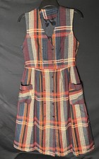 Vintage 1960s Colorful Plaid Double Breasted Jumper Midi Dress w/ Pockets Sz S/M
