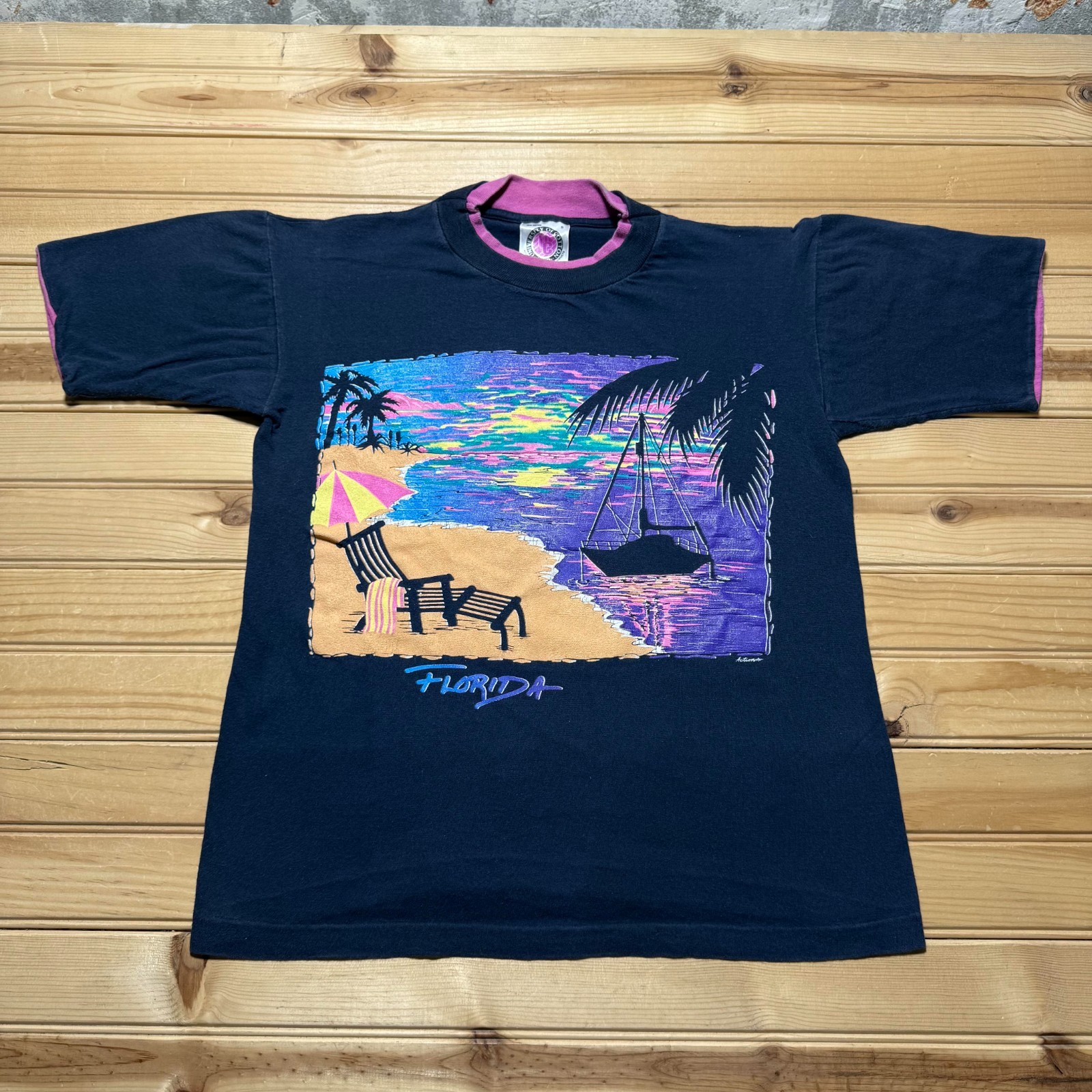 Vintage 80s Florida Sailboat Beach Tropical Souvenir Ringer T-Shirt Men's Small