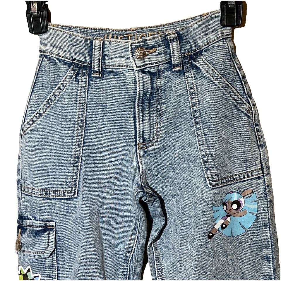 The Powerpuff Girls Justice Jeans Girls Sz 7 Easy Fit Acid Wash Mom Cargo EUC - Image 2 of 4