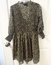 ASOS DESIGN Women's Leopard Animal Print Smocked Ruffle V-Neck Dress US 6
