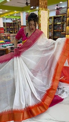 Madurai Cotton Saree with Allover Small Jari Checks & Contrast Blouse Piece