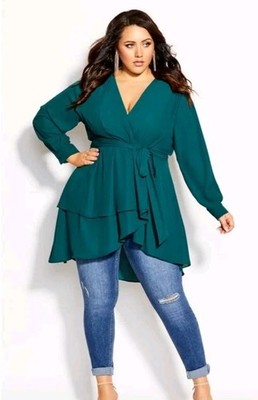 NEW City Chic Long Sleeve Blouse Top Shibara Womens Plus Size 18 M Alpine Green 