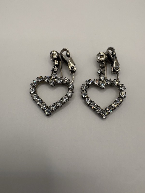 Vintage Rhinestone Open Heart Clip-On Earrings Silver Tone