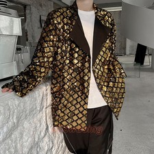 Men's Sequin Peak Lapel Long Dress Jacket Suit Blazer Dinner Party Prom Coat