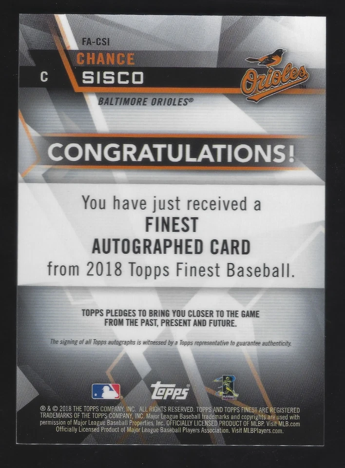 2018 Topps Finest - Chance Sisco #FA-SCI Gold Auto Refractor /50 (RC) - Image 2 of 2
