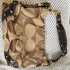 Coach Brown Tan Signature Logo Leather Trim Gold-tone Hardware Shoulder Bag