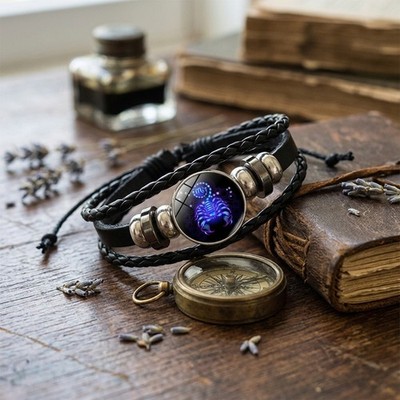 Multilayer Braided Leather Bracelet, Glow in the Dark Scorpio Zodiac Jewelry
