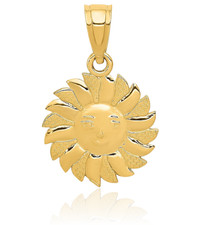 14K Solid Yellow Gold Small Sun Face Pendant Necklace 18mm 3/4 inch Polished