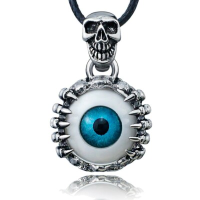 Unisex Skeleton Skull Blue Eye Necklace Goth Punk Biker Dominatrix style