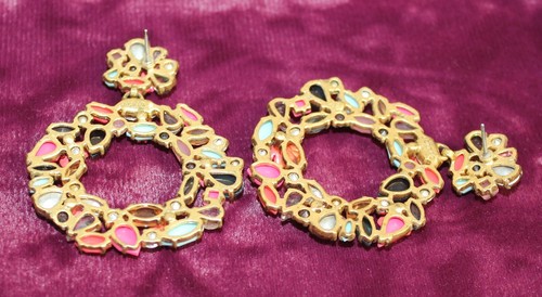 J Crew Watusi Floral Drop Earrings Pink Multi Color Stone - Picture 5 of 11