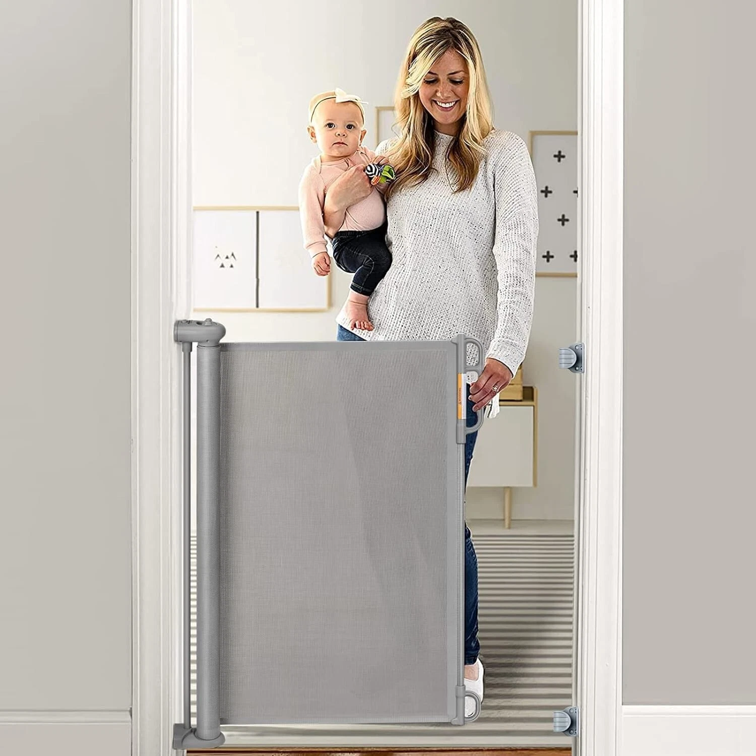 Indoor Outdoor Retractable Baby Gate, 33”Tall, Extends Up To 55” Wide - Gray NEW
