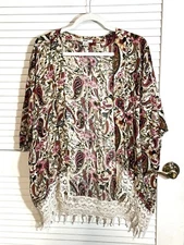 Papaya Floral Paisley Lace Open Front Swim Cover up Cardigan Size S Women EUC