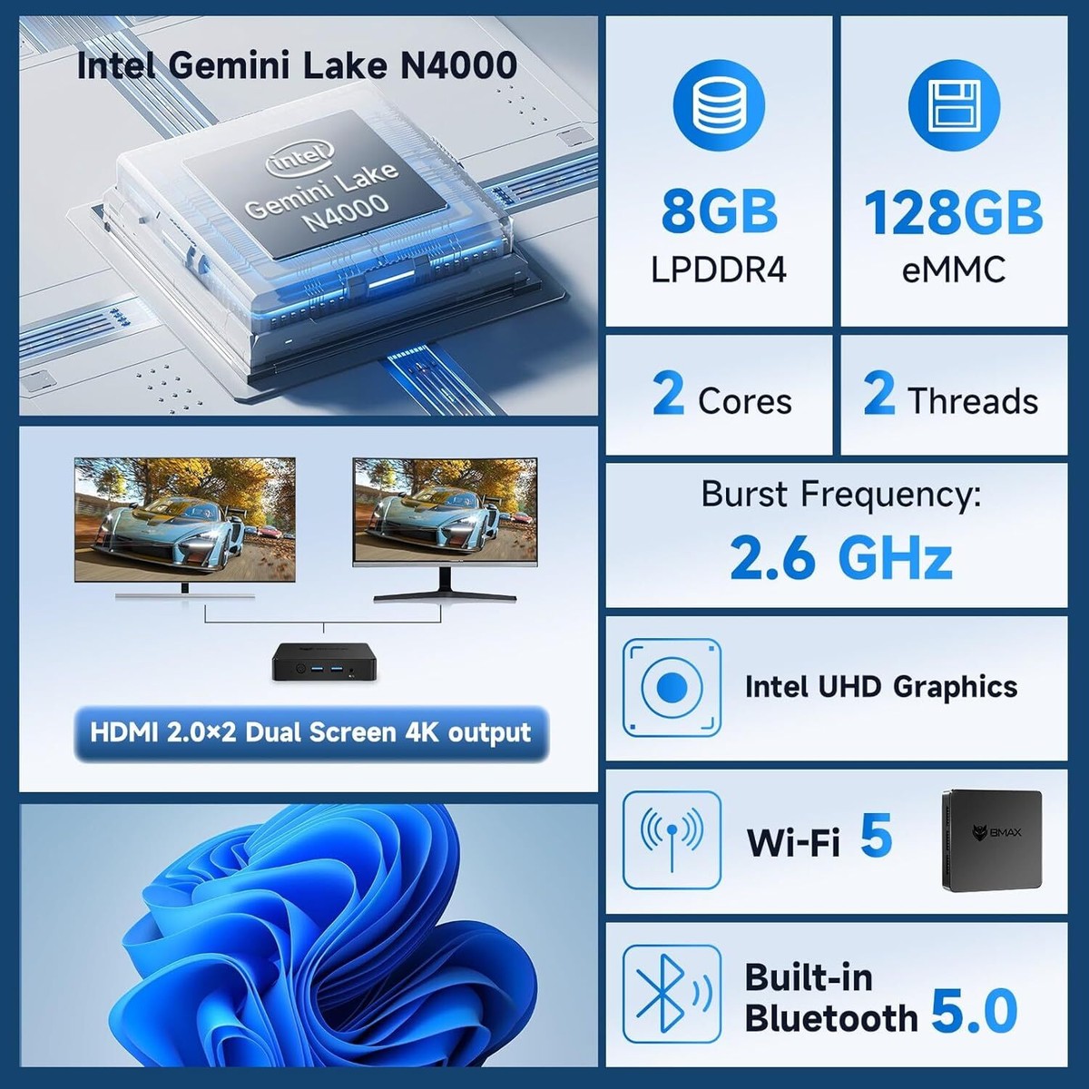 Bmax B1 Mini Micro Computer,Intel N4000(up to 2.6GHz),8GB LPDDR4