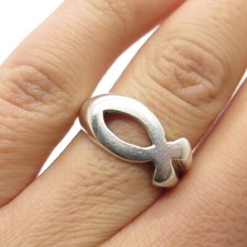925 Sterling Silver Vintage Ichthys Fish Religious Ring Size 6