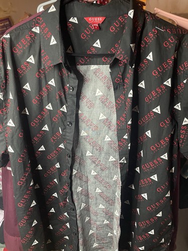 Guess Shirt Mens XL Red/black Word Guess Button Up Slim Fit Short Sleeves