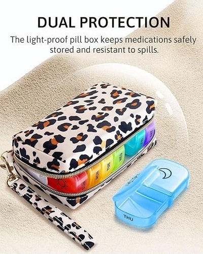 Medicine Weekly Pill Organizer 2 Times a Day Pill Case Box Leopard Print Bag - Picture 2 of 11