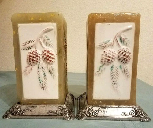 Gorgeous White Christmas Pine Tree Square Pillar Candles w/Stands Earthenware