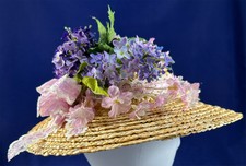Vintage Violet Silk Flower Lace Trim Wide Brim Woven Natural Straw Summer Hat