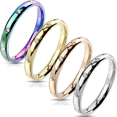 Stainless Steel CZ 3mm Eternity Band Ring Size 5-10 Rainbow Rose Gold Plated